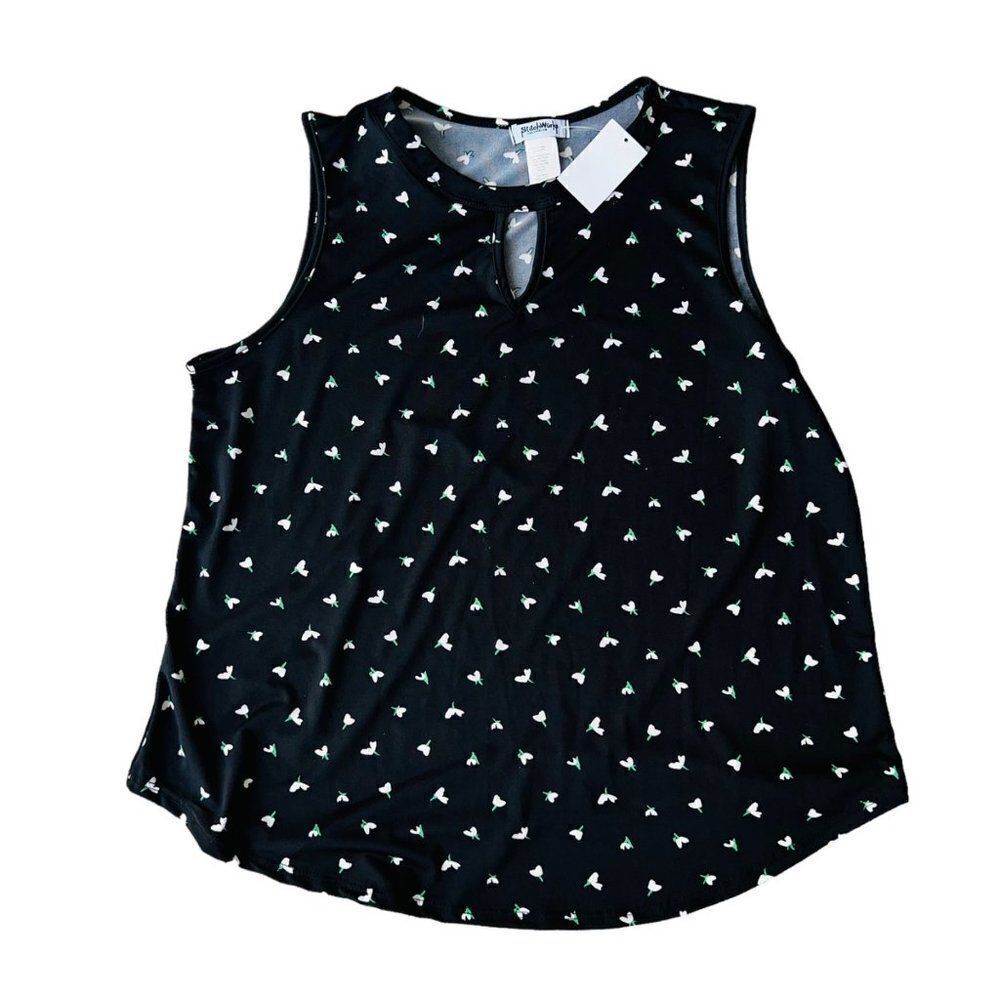StitchWurks Printed‎ Sleeveless Blouse Black / White / Green Women's Large (L)